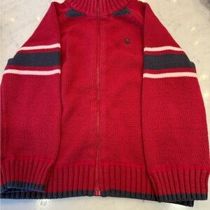 Boys Red and Navy Zip-Up Trending Varsity Striped Spring weight Sweater Size 3-4